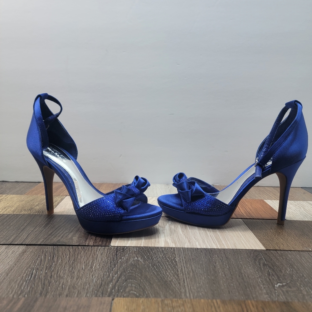 Women 6M Princess Blue Heels Bow Rhinestone Sparkle Open Toe Elegant Formal NIB